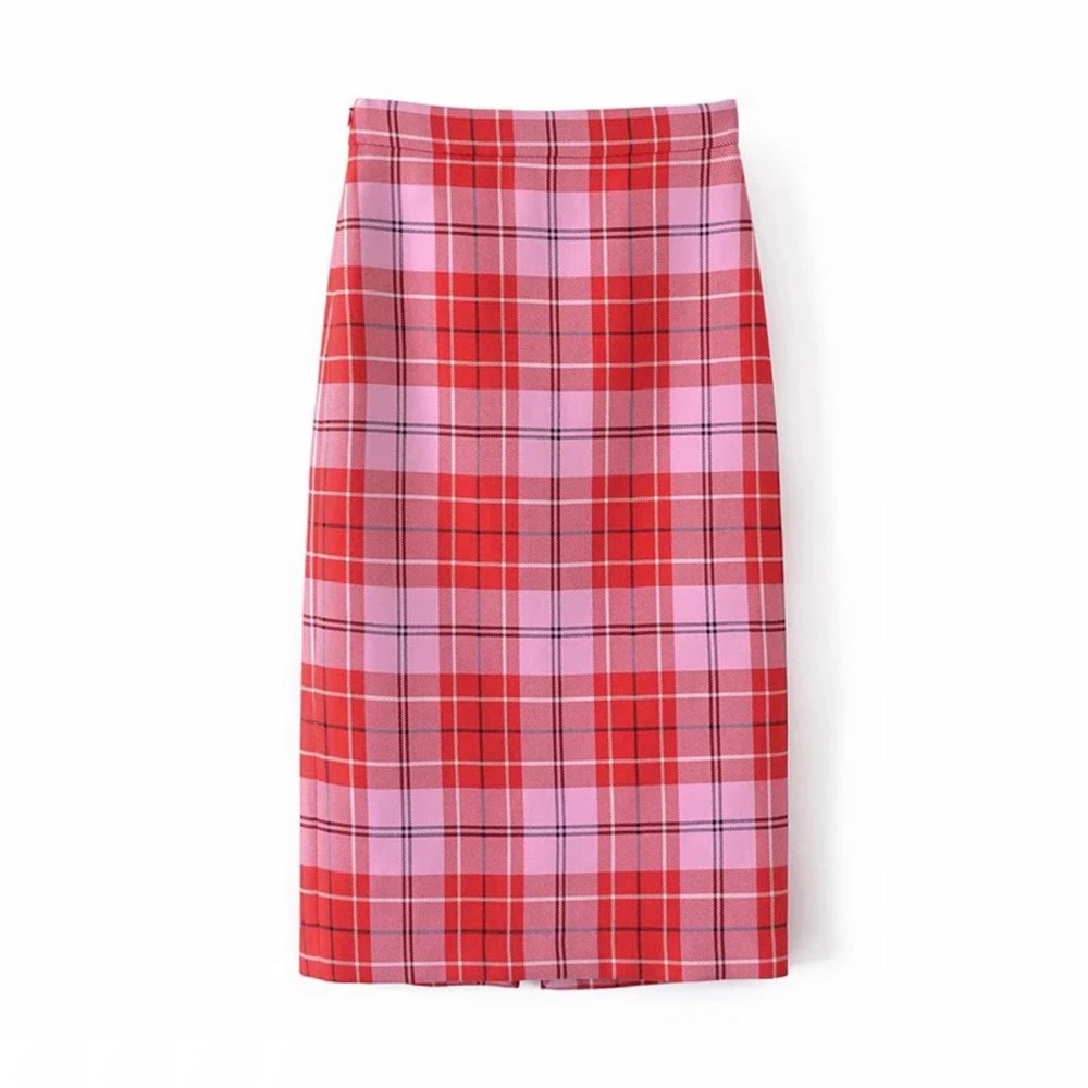 Zara Red & Pink Plaid Midi Pencil Skirt